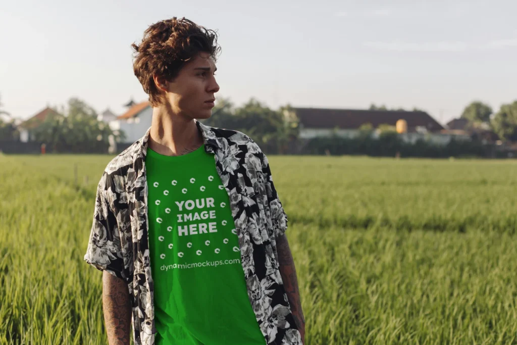 Man Wearing Green T-shirt Mockup Front View Template