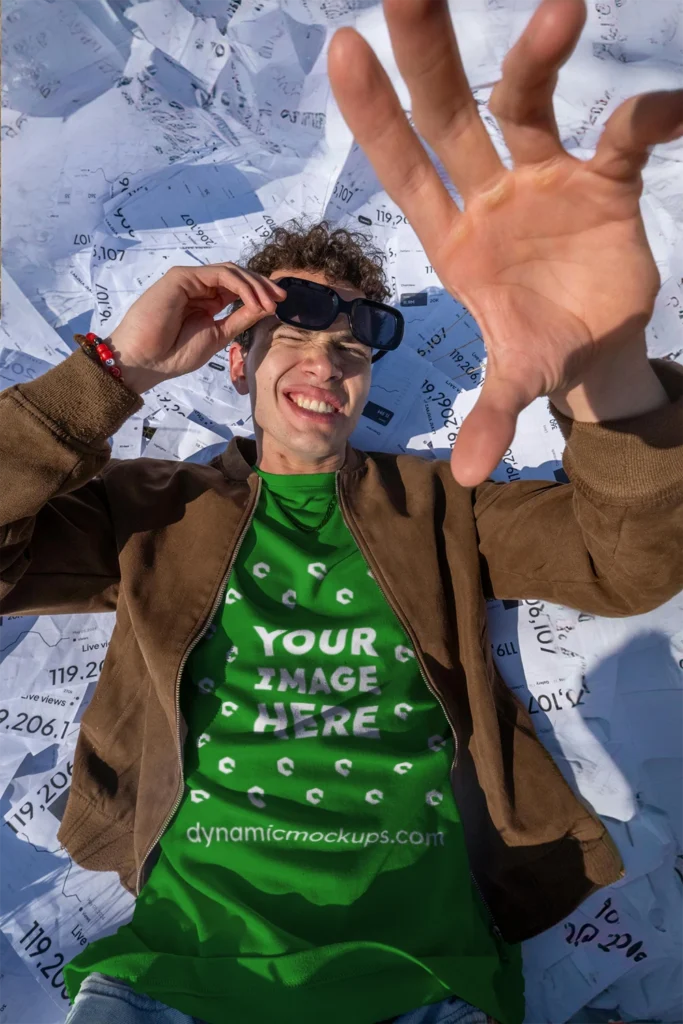 Man Wearing Green T-shirt Mockup Front View Template