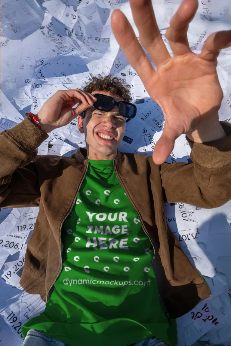 Man Wearing Green T-shirt Mockup Front View Template