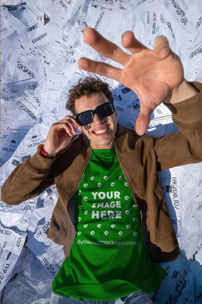 Man Wearing Green T-shirt Mockup Front View Template