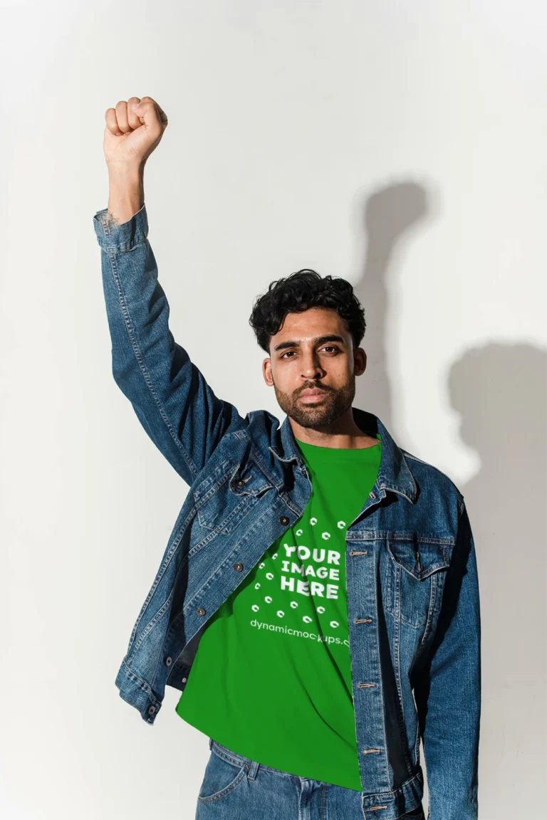 Man Wearing Green T-shirt Mockup Front View Template