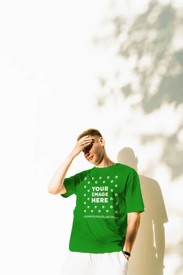 Man Wearing Green T-shirt Mockup Front View Template