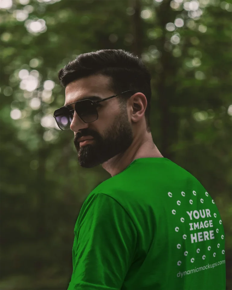 Man Wearing Green T-shirt Mockup Back View Template