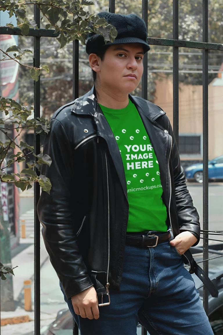Man Wearing Green T-shirt Mockup Front View Template
