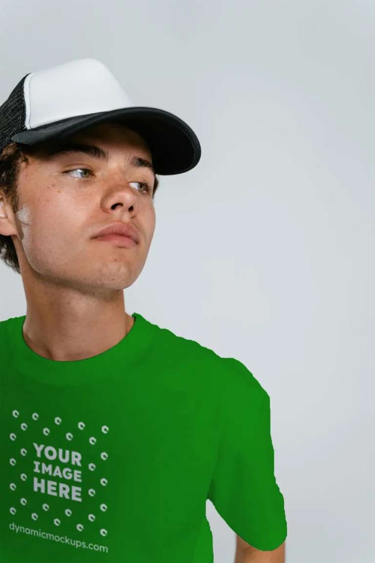 Man Wearing Green T-shirt Mockup Front View Template
