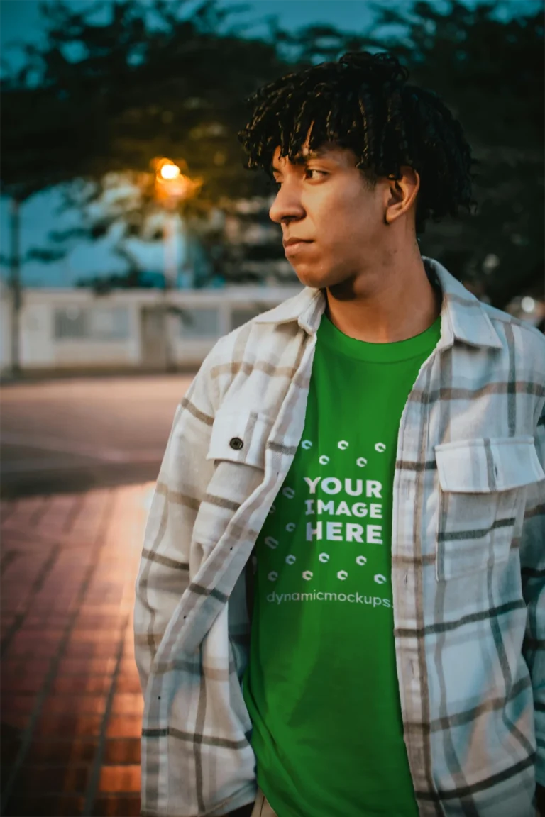 Man Wearing Green T-shirt Mockup Front View Template