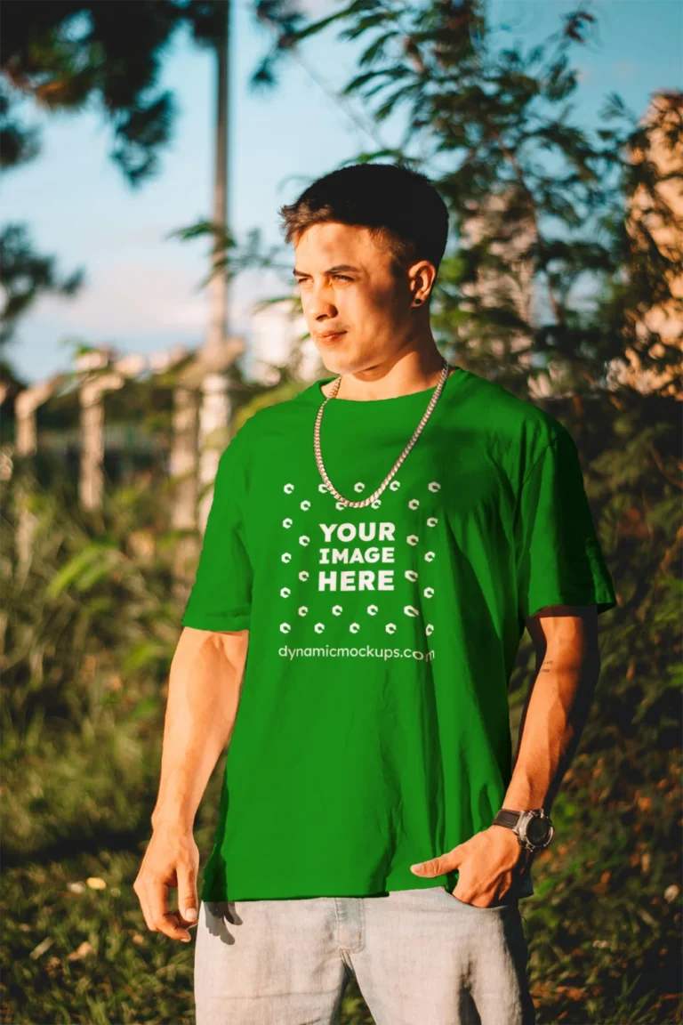 Man Wearing Green T-shirt Mockup Front View Template