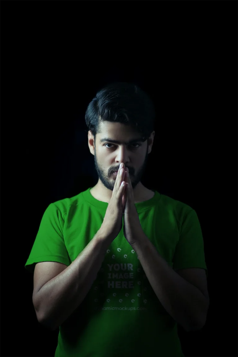 Man Wearing Green T-shirt Mockup Front View Template
