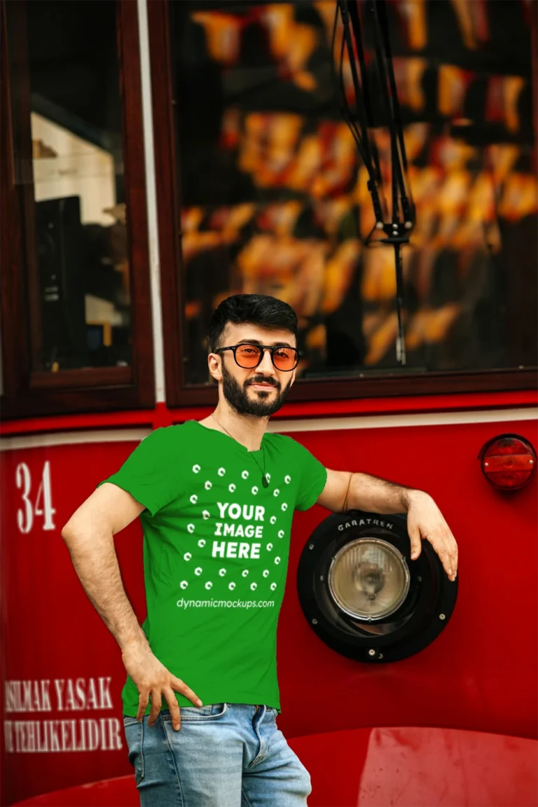 Man Wearing Green T-shirt Mockup Front View Template