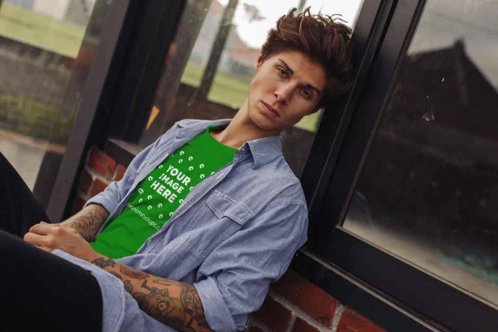 Man Wearing Green T-shirt Mockup Front View Template