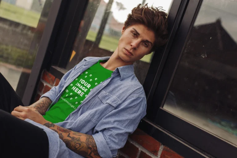 Man Wearing Green T-shirt Mockup Front View Template