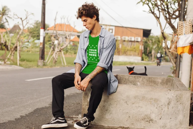 Man Wearing Green T-shirt Mockup Front View Template