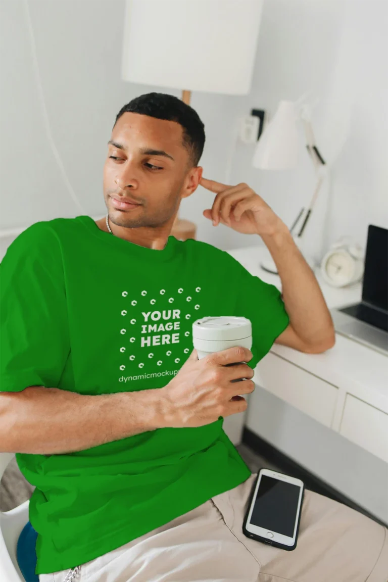 Man Wearing Green T-shirt Mockup Front View Template