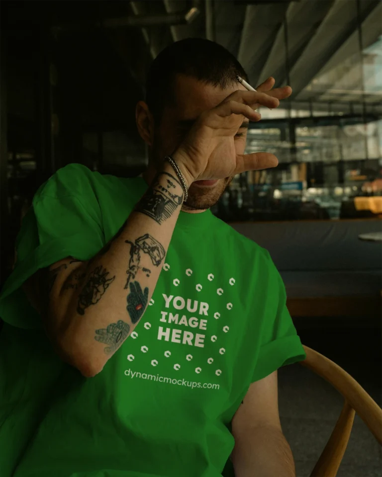 Man Wearing Green T-shirt Mockup Front View Template