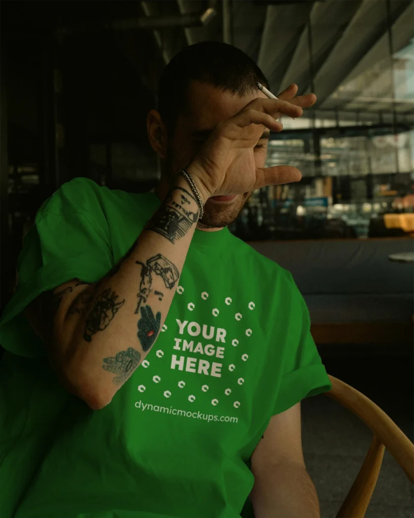 Man Wearing Green T-shirt Mockup Front View Template