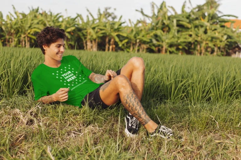 Man Wearing Green T-shirt Mockup Front View Template