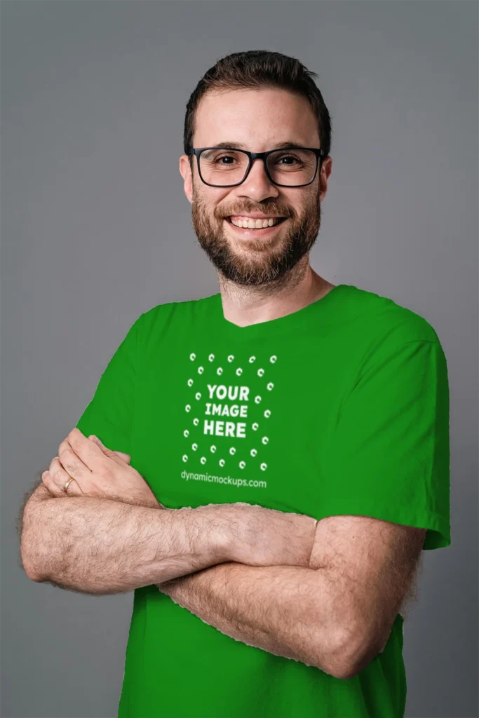 Man Wearing Green T-shirt Mockup Front View Template