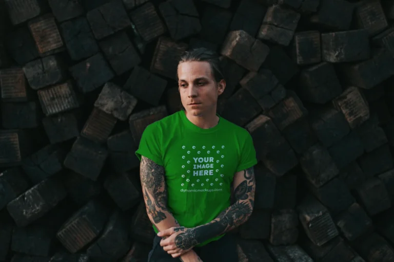 Man Wearing Green T-shirt Mockup Front View Template