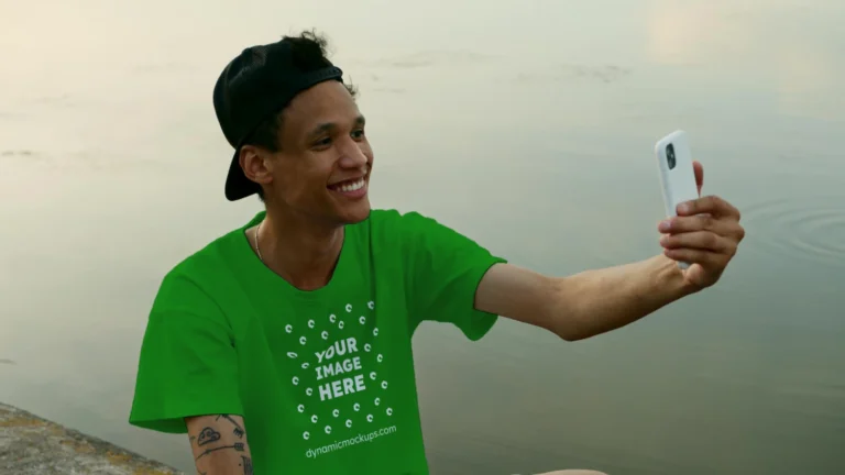 Man Wearing Green T-shirt Mockup Front View Template