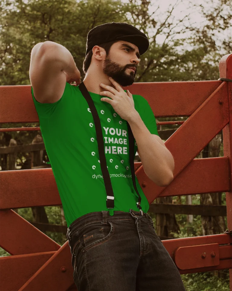 Man Wearing Green T-shirt Mockup Front View Template