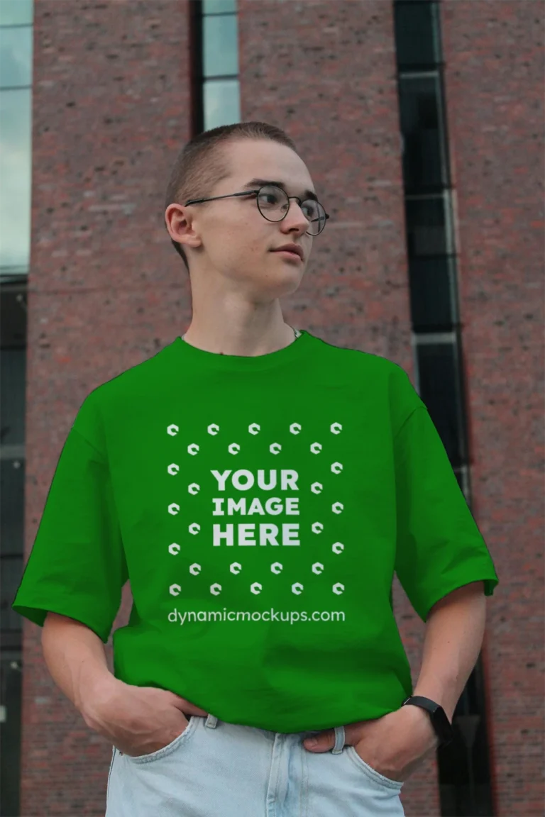 Man Wearing Green T-shirt Mockup Front View Template