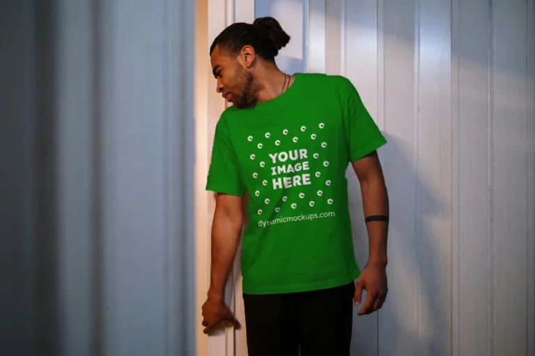 Man Wearing Green T-shirt Mockup Front View Template