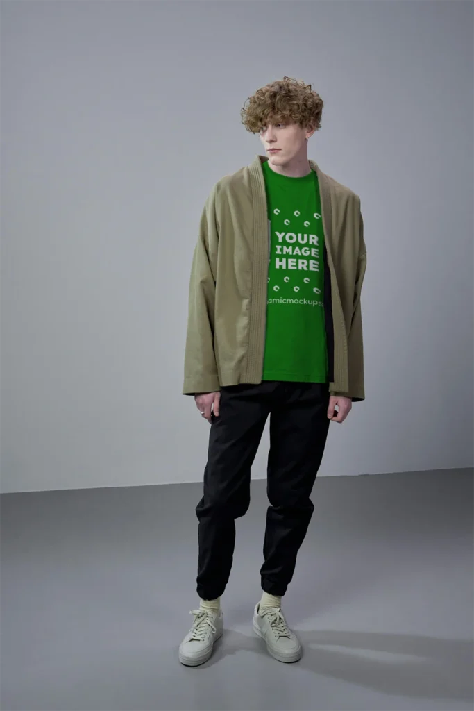 Man Wearing Green T-shirt Mockup Front View Template