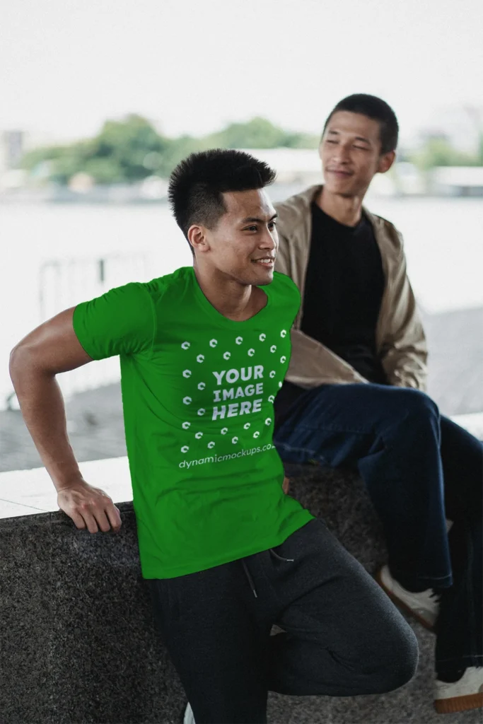 Man Wearing Green T-shirt Mockup Front View Template