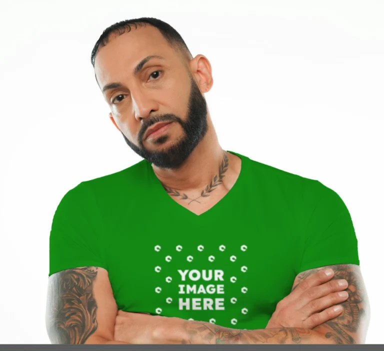 Man Wearing Green T-shirt Mockup Front View Template