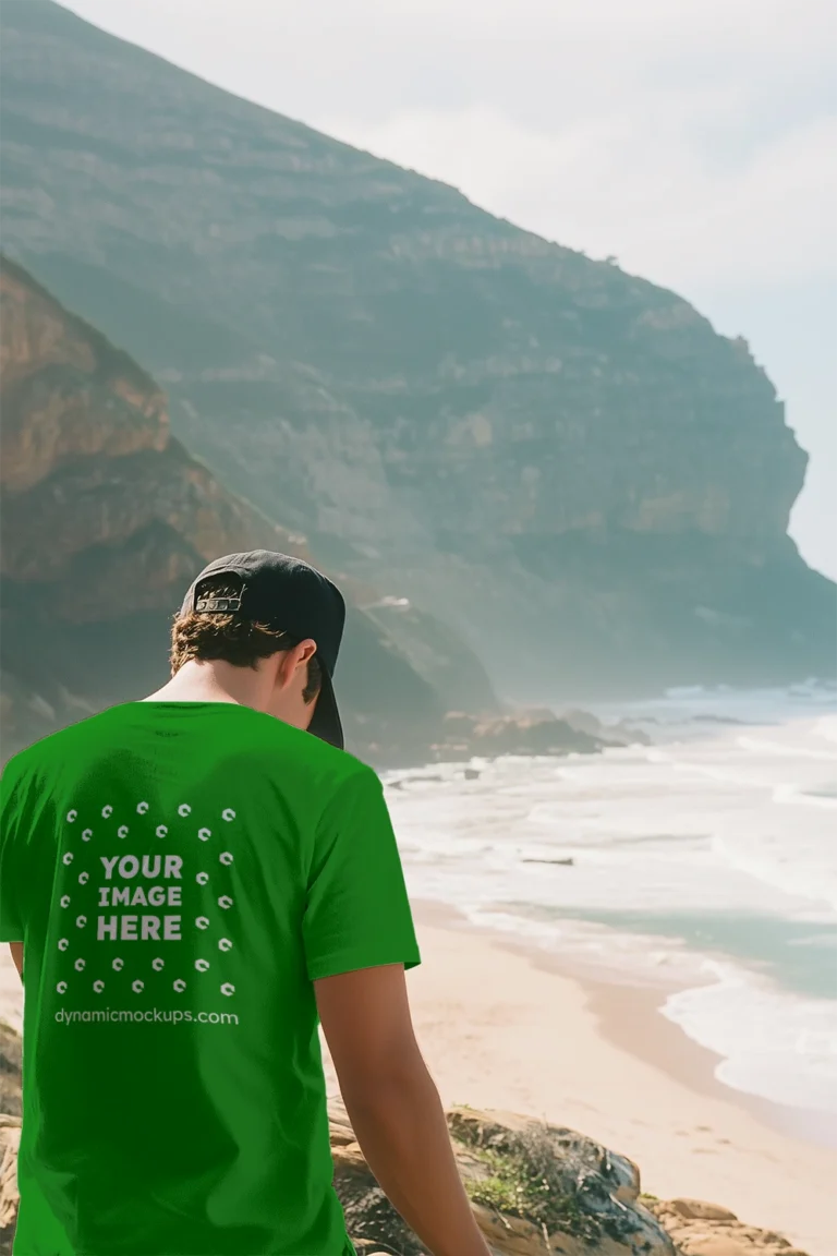 Man Wearing Green T-shirt Mockup Back View Template