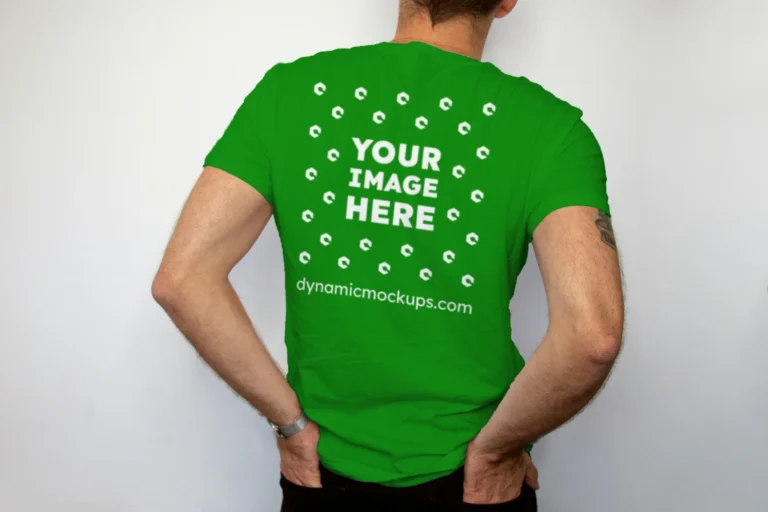 Man Wearing Green T-shirt Mockup Back View Template