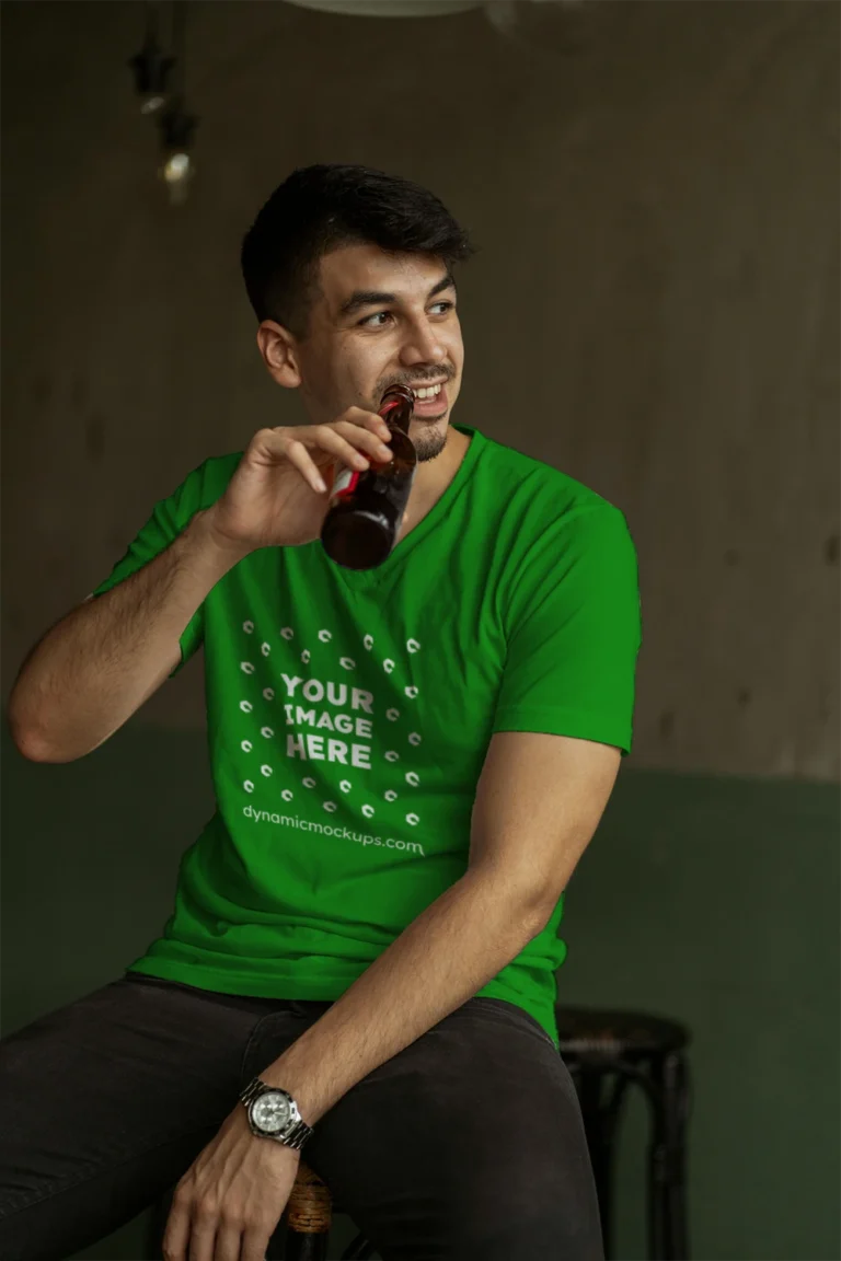 Man Wearing Green T-shirt Mockup Front View Template