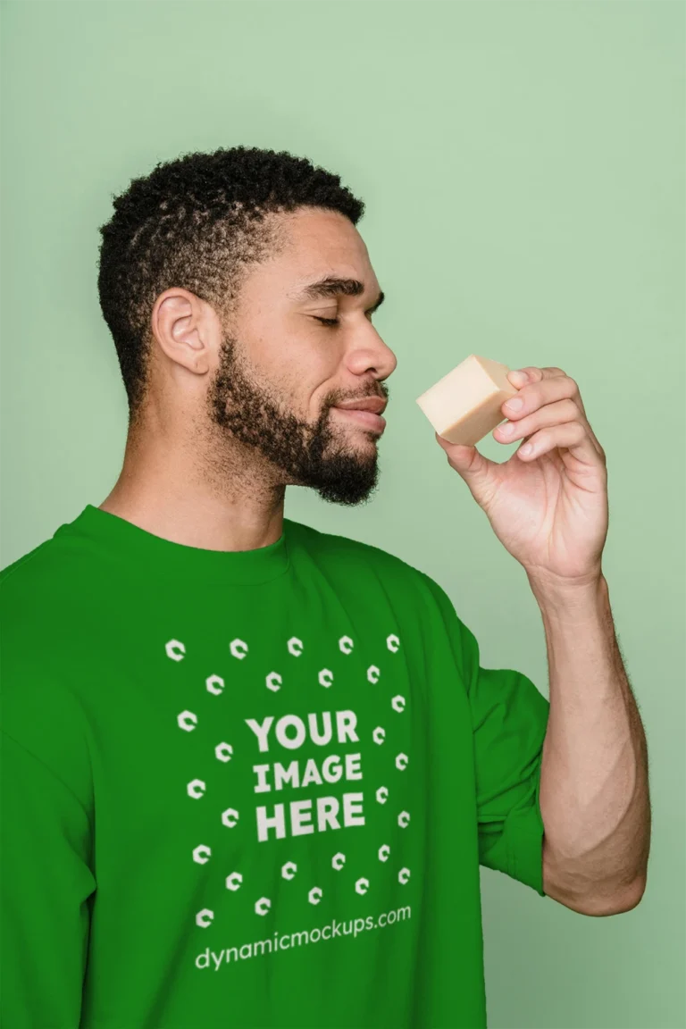 Man Wearing Green T-shirt Mockup Front View Template