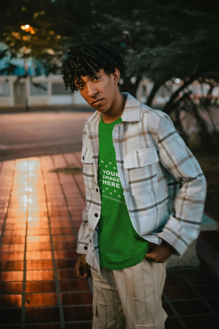 Man Wearing Green T-shirt Mockup Front View Template