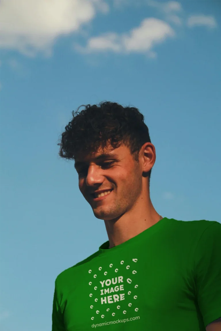 Man Wearing Green T-shirt Mockup Front View Template
