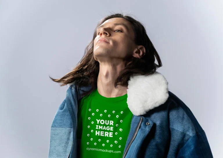 Man Wearing Green T-shirt Mockup Front View Template