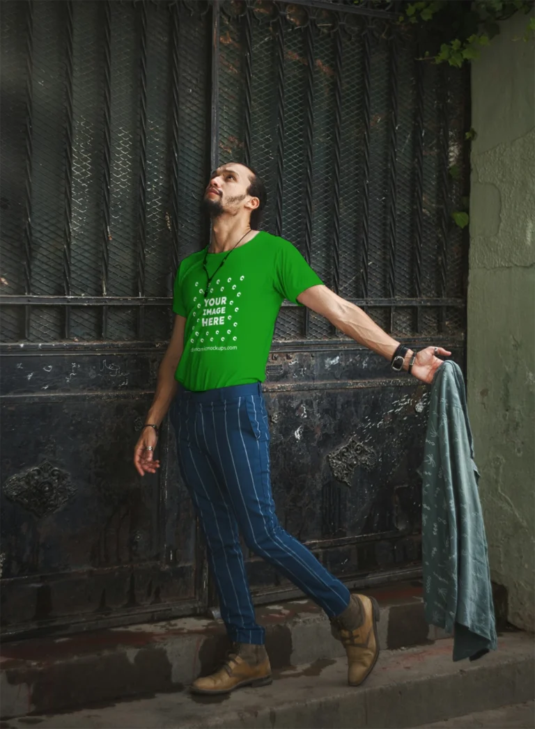 Man Wearing Green T-shirt Mockup Front View Template