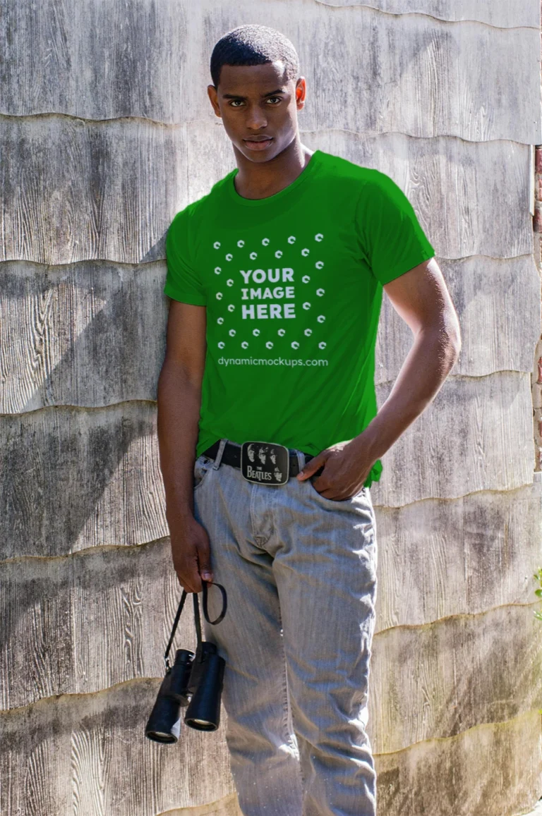 Man Wearing Green T-shirt Mockup Front View Template
