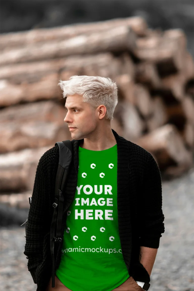 Man Wearing Green T-shirt Mockup Front View Template
