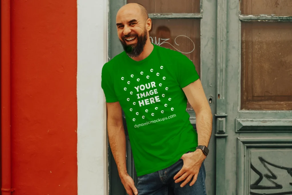 Man Wearing Green T-shirt Mockup Front View Template