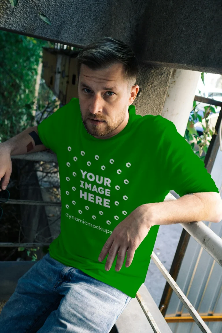 Man Wearing Green T-shirt Mockup Front View Template