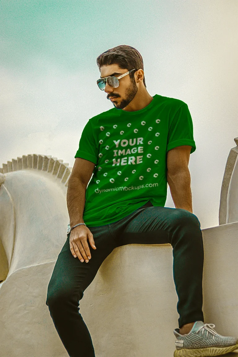 Man Wearing Green T-shirt Mockup Front View Template