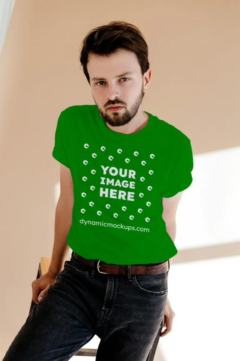 Man Wearing Green T-shirt Mockup Front View Template