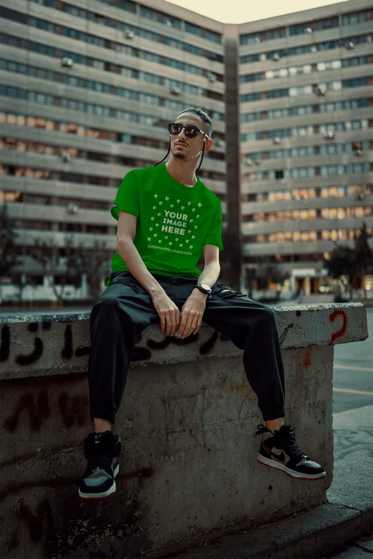 Man Wearing Green T-shirt Mockup Front View Template