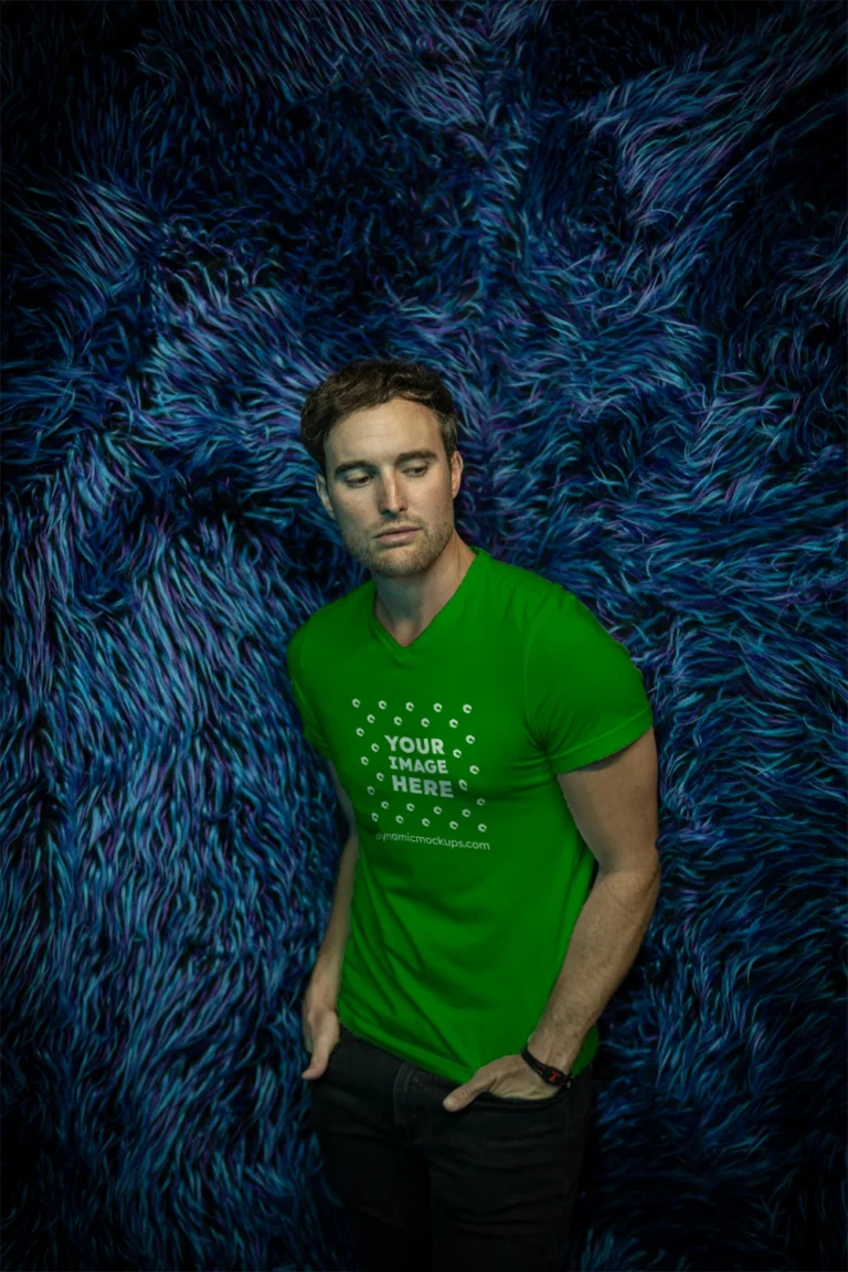 Man Wearing Green T-shirt Mockup Front View Template