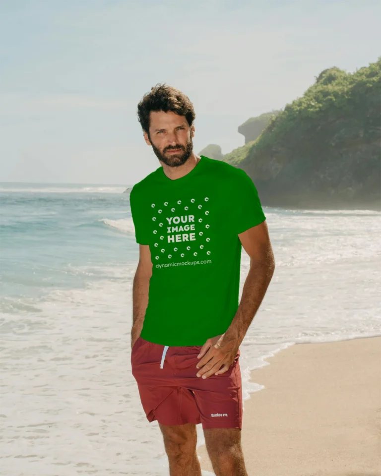 Man Wearing Green T-shirt Mockup Front View Template