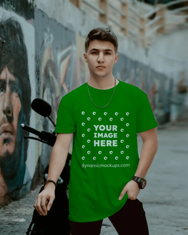 Man Wearing Green T-shirt Mockup Front View Template