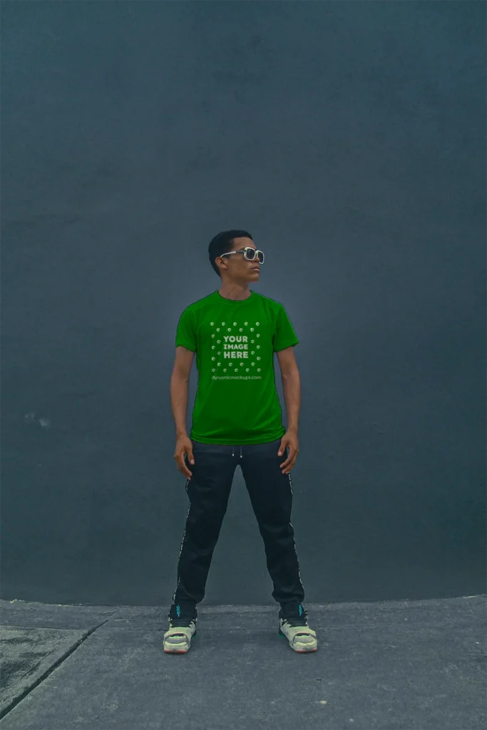 Man Wearing Green T-shirt Mockup Front View Template