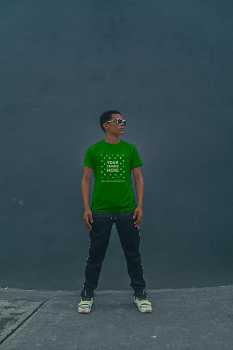 Man Wearing Green T-shirt Mockup Front View Template