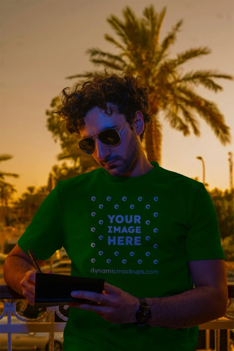 Man Wearing Green T-shirt Mockup Front View Template